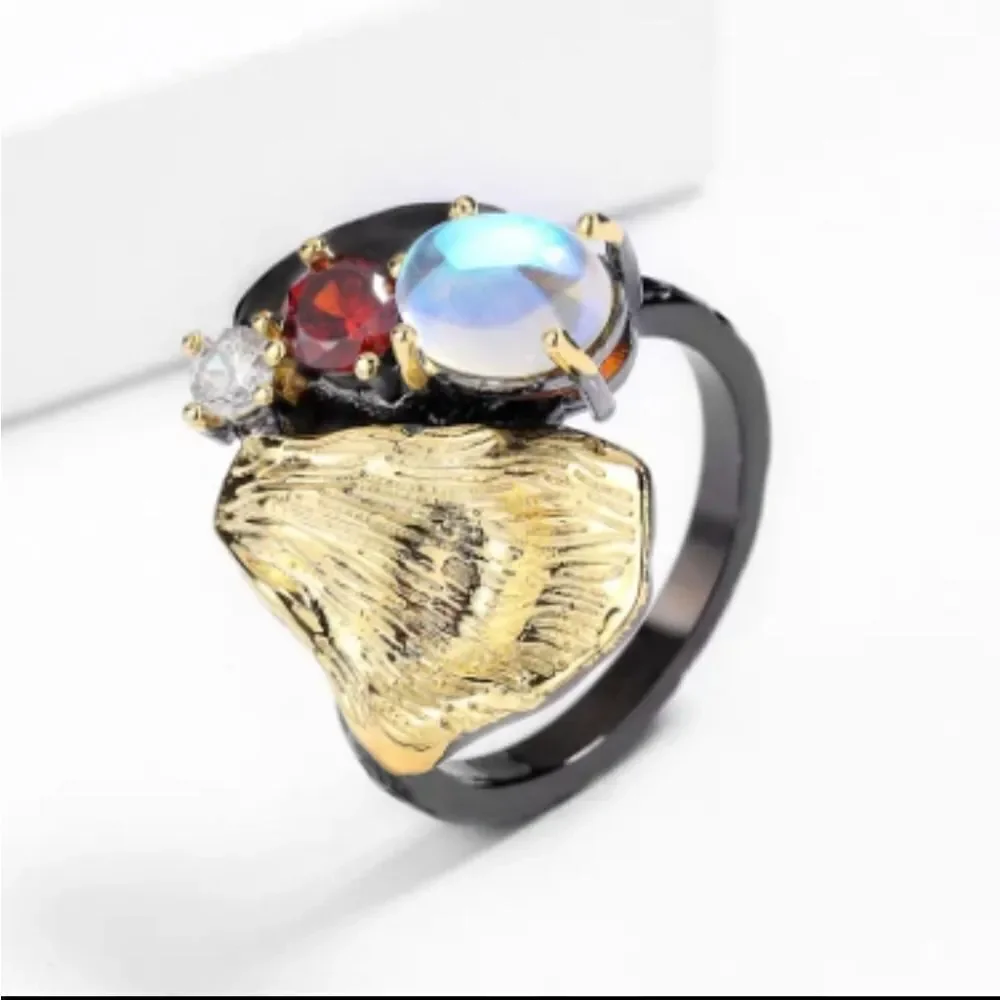 925 Hand crafted Gothic Black Moonstone Zircon Ring unisex
